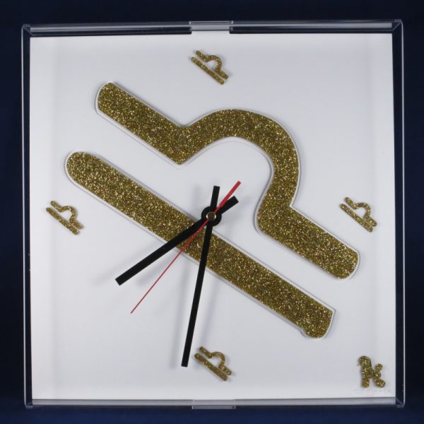 Orologio con segni Zodiacali plexiglass glitter oro e teca trasparente