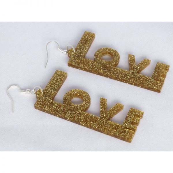Orecchini LOVE in plexiglass oro glitter
